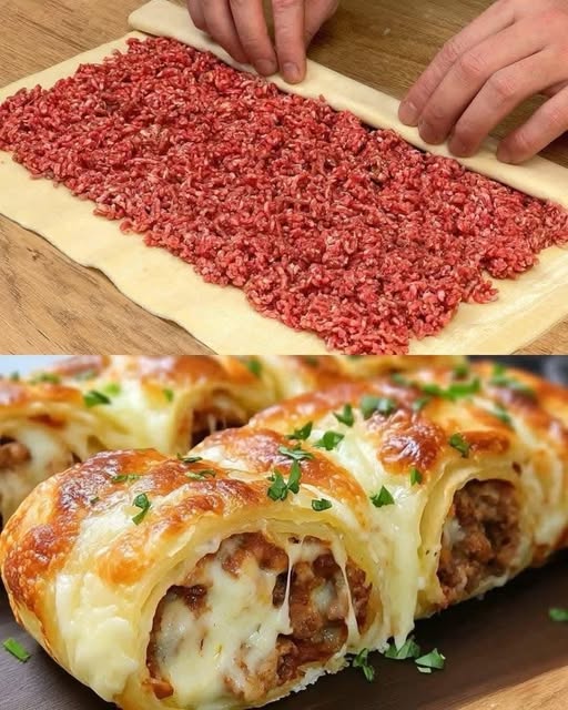 Savory Puff Pastry with Minced Meat and Cheese – A Flaky, Flavorful Delight